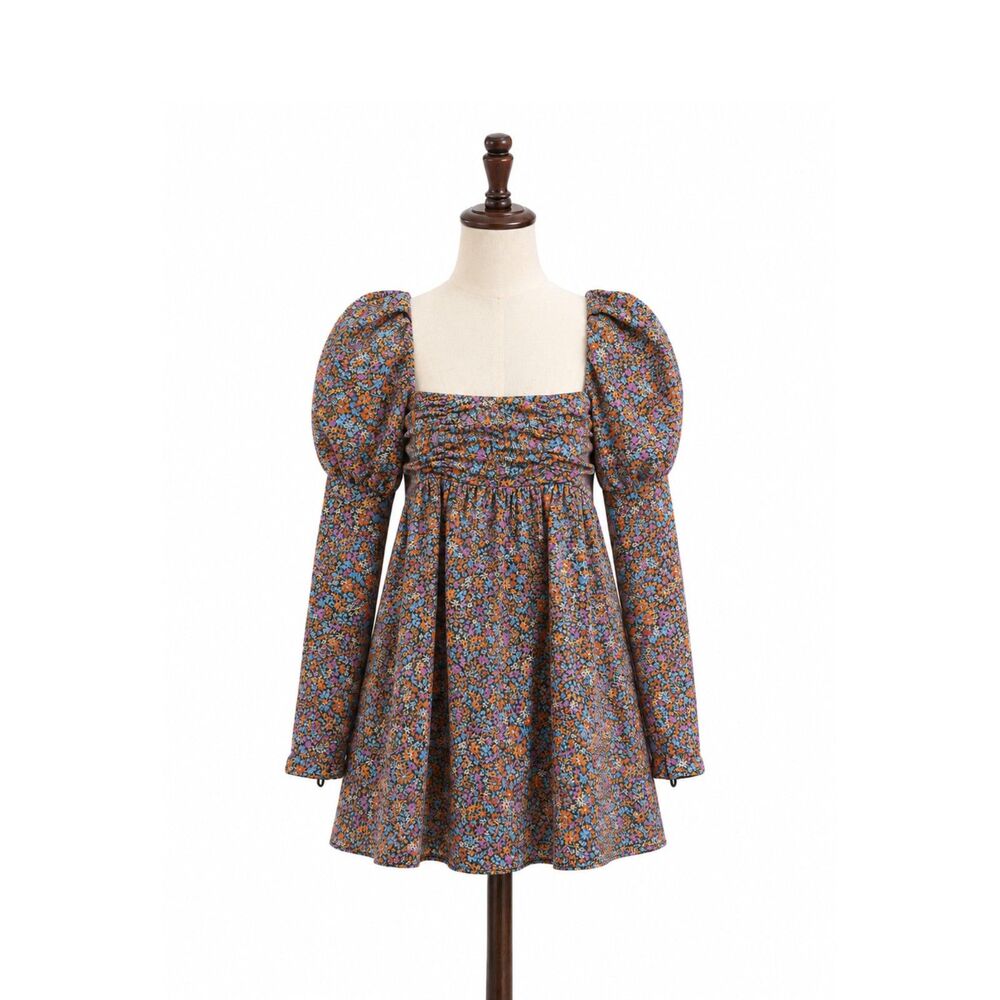 For Love & Lemons Floral Cutout Mini Dress Puff Sleeve Long Sleeve XXS Boho